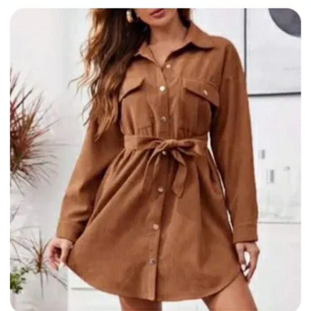 Boston Proper Brown Tie-Waist Shirt Dress